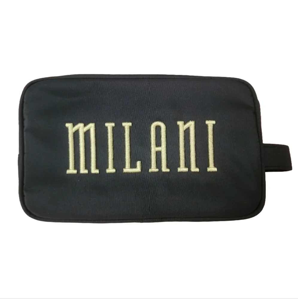 Milani makeup bag travel pouch black nylon gold embroidered